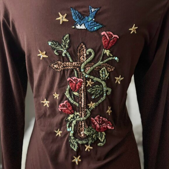Womens Cruel Girl Brown Embroidered Sequin Embellished Shirt M Medium BEAUTIFUL - Picture 5 of 5